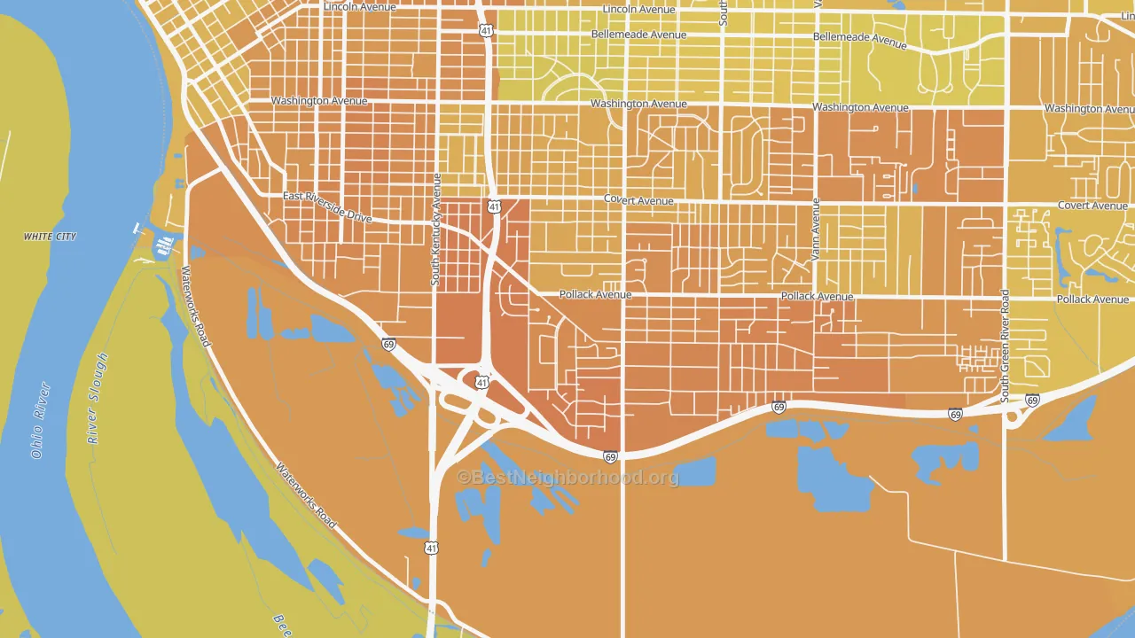 Map of the best neighborhoods in the A.C.T., Evansville area, with better matches in green and worse matches in red