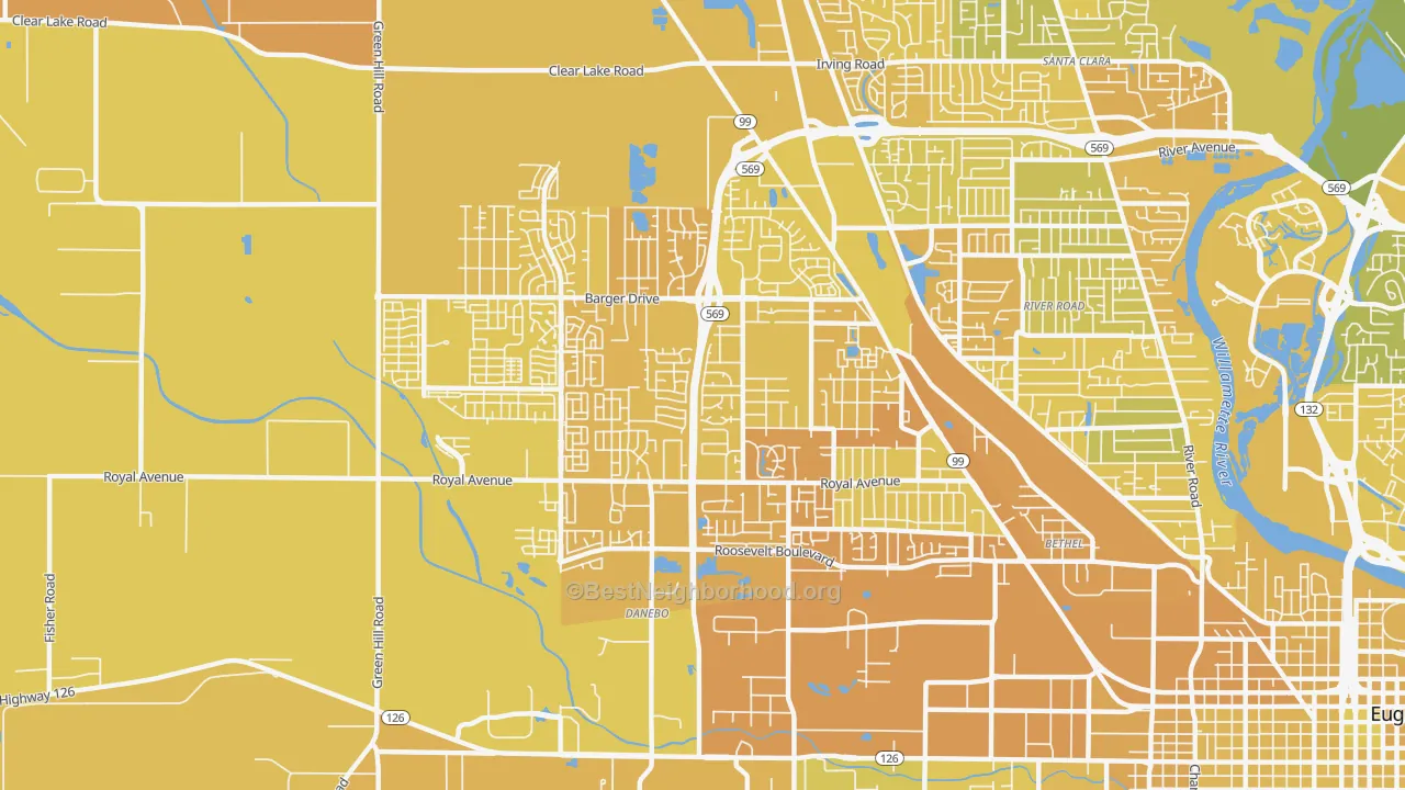 Map of the best neighborhoods in the Active Bethel, Eugene area, with better matches in green and worse matches in red