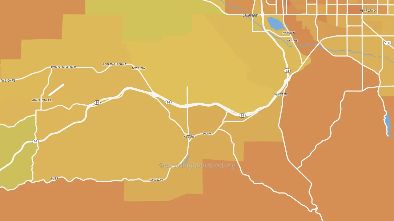 Map of the best neighborhoods in the Acton area, with better matches in green and worse matches in red