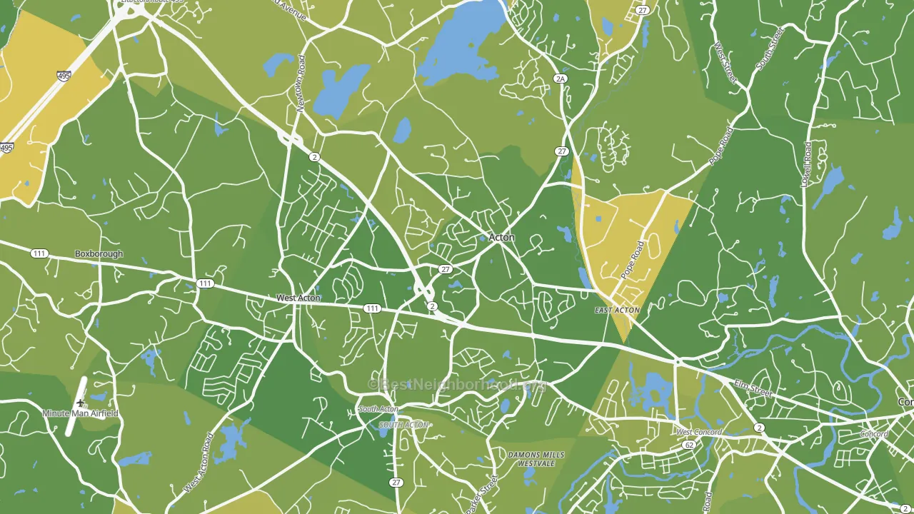 Map of the best neighborhoods in the Acton area, with better matches in green and worse matches in red
