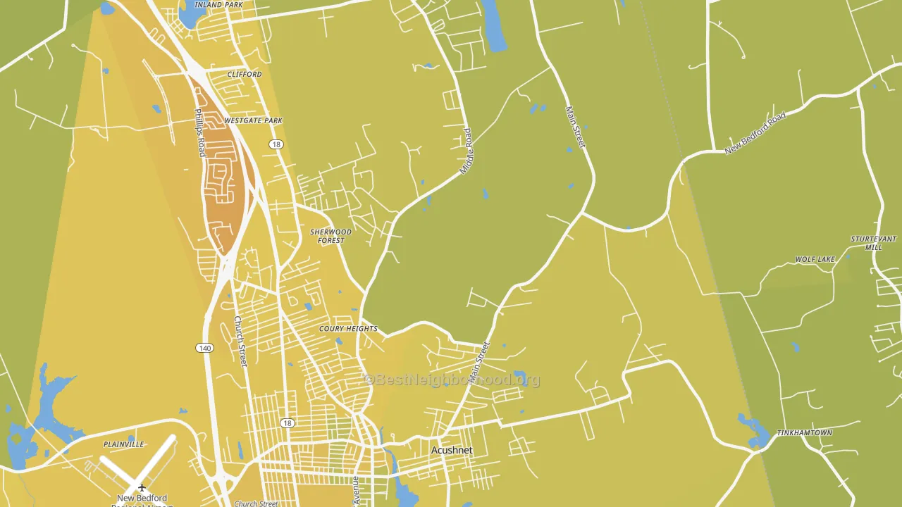 Map of the best neighborhoods in the Acushnet area, with better matches in green and worse matches in red