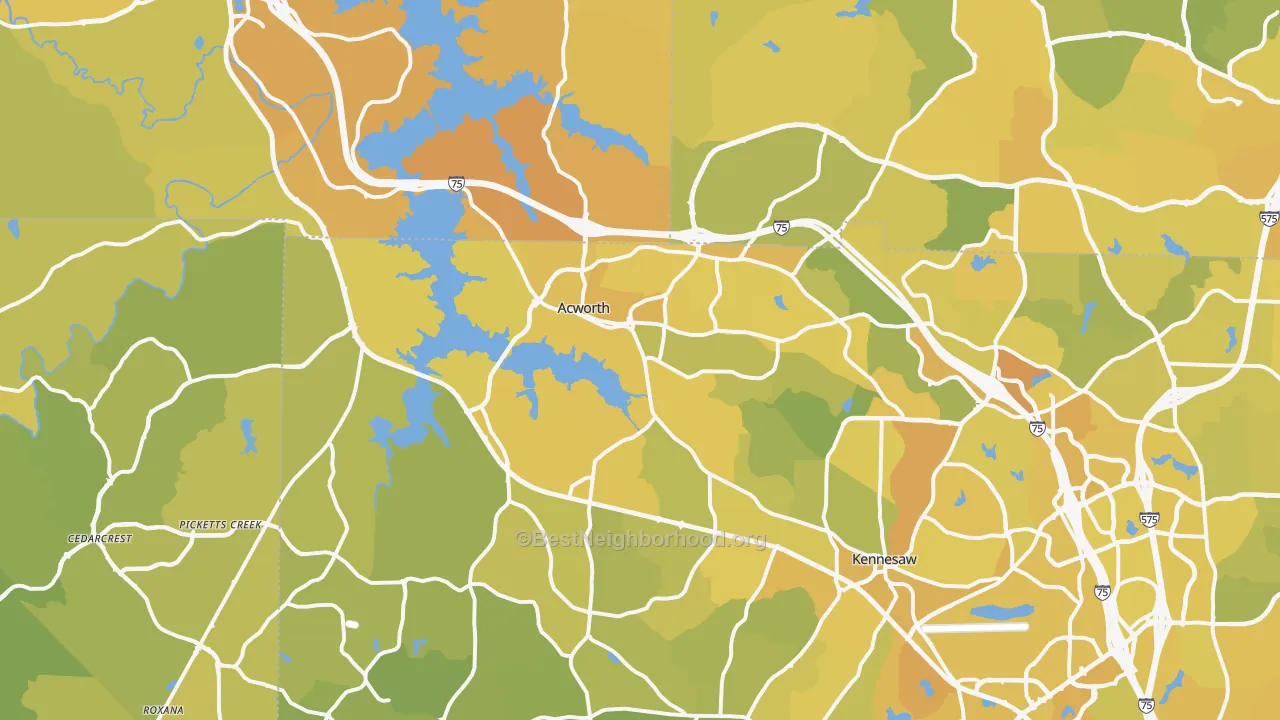 Map of the best neighborhoods in the Acworth area, with better matches in green and worse matches in red