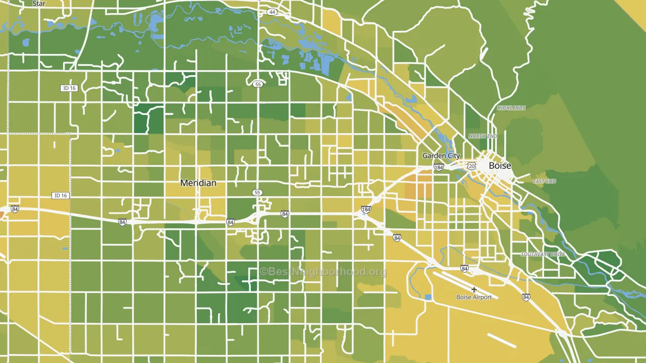Map of the best neighborhoods in the Ada County area, with better matches in green and worse matches in red