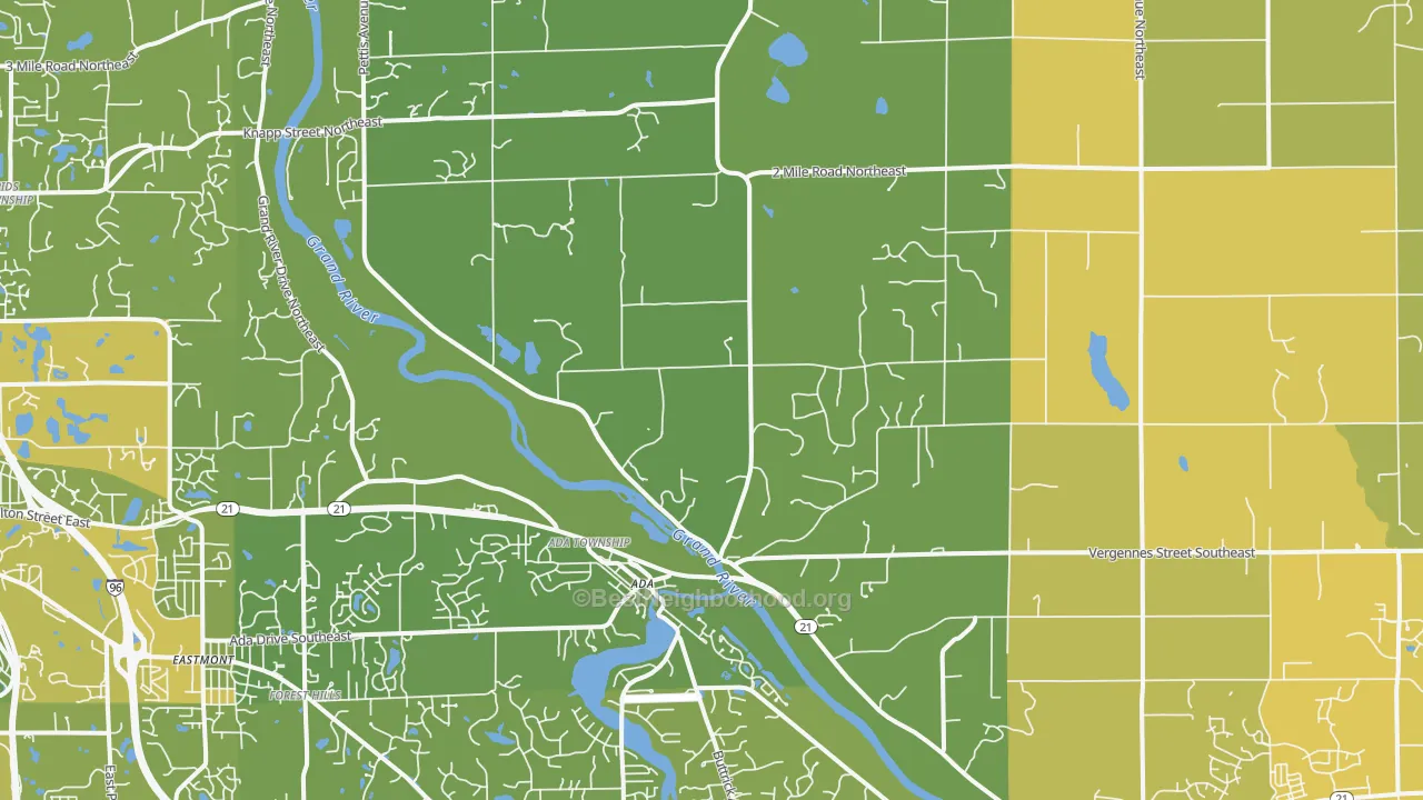 Map of the best neighborhoods in the Ada area, with better matches in green and worse matches in red