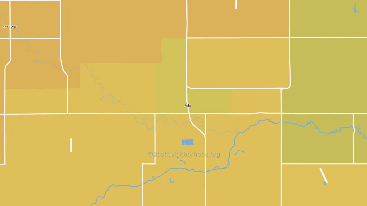 Map of the best neighborhoods in the Ada area, with better matches in green and worse matches in red