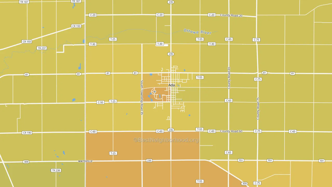 Map of the best neighborhoods in the Ada area, with better matches in green and worse matches in red