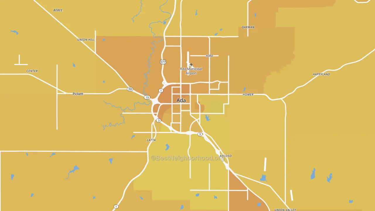 Map of the best neighborhoods in the Ada area, with better matches in green and worse matches in red