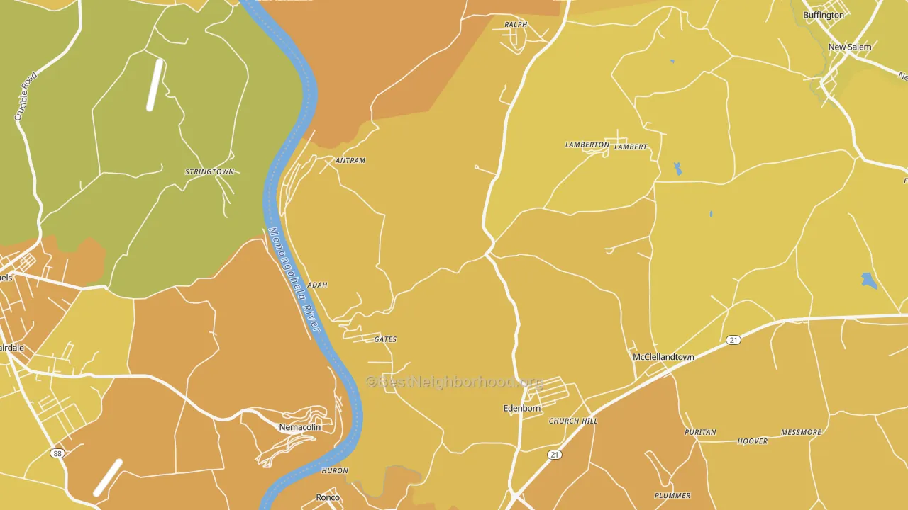 Map of the best neighborhoods in the Adah area, with better matches in green and worse matches in red