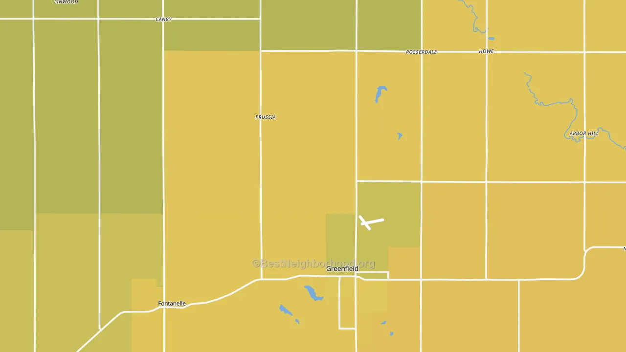 Map of the best neighborhoods in the Adair County area, with better matches in green and worse matches in red