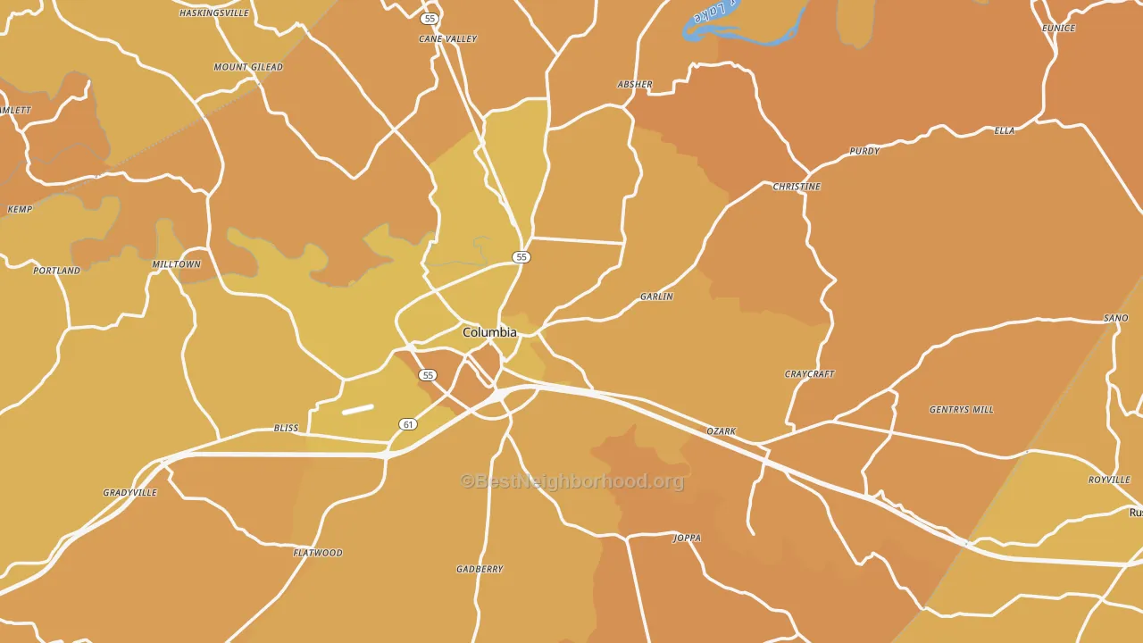 Map of the best neighborhoods in the Adair County area, with better matches in green and worse matches in red