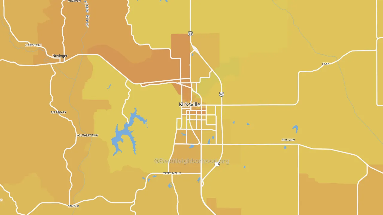 Map of the best neighborhoods in the Adair County area, with better matches in green and worse matches in red