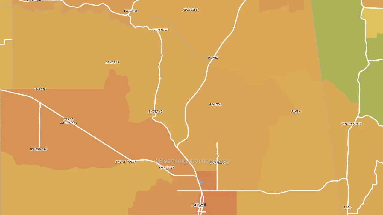 Map of the best neighborhoods in the Adair County area, with better matches in green and worse matches in red