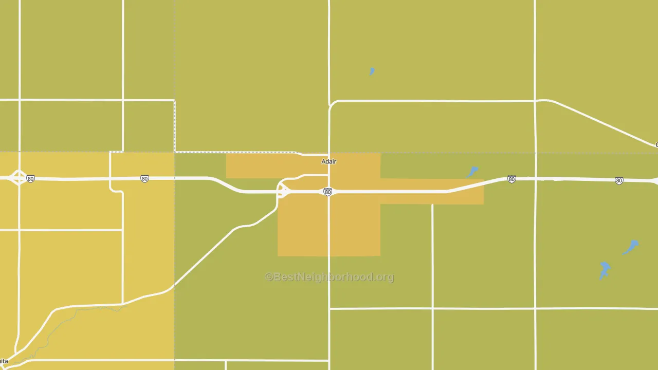 Map of the best neighborhoods in the Adair area, with better matches in green and worse matches in red