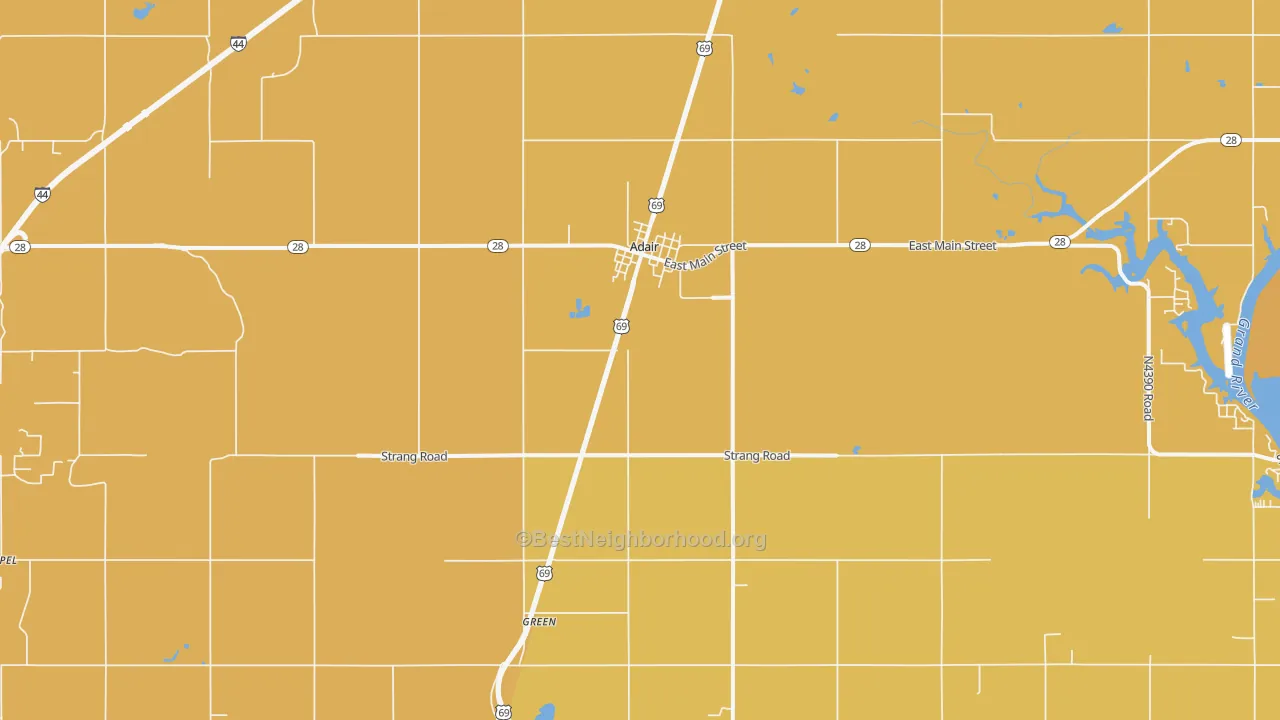 Map of the best neighborhoods in the Adair area, with better matches in green and worse matches in red