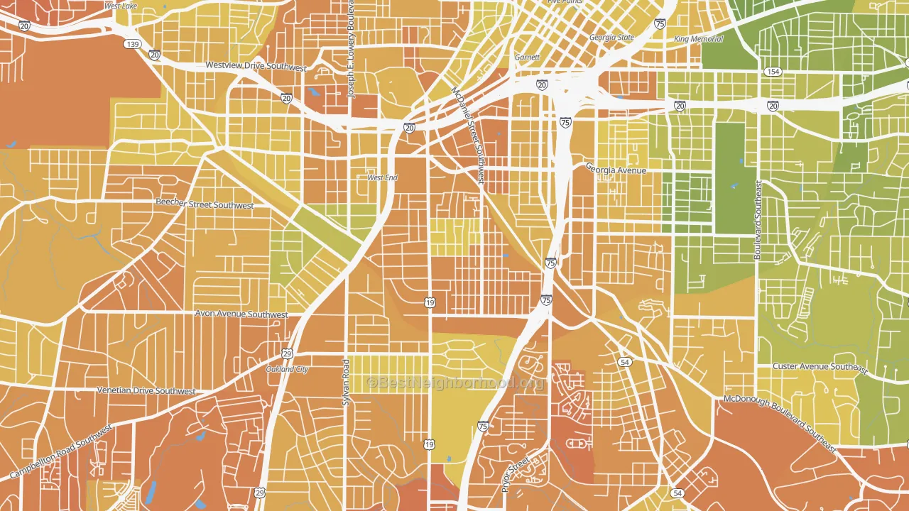 Map of the best neighborhoods in the Adair Park, Atlanta area, with better matches in green and worse matches in red