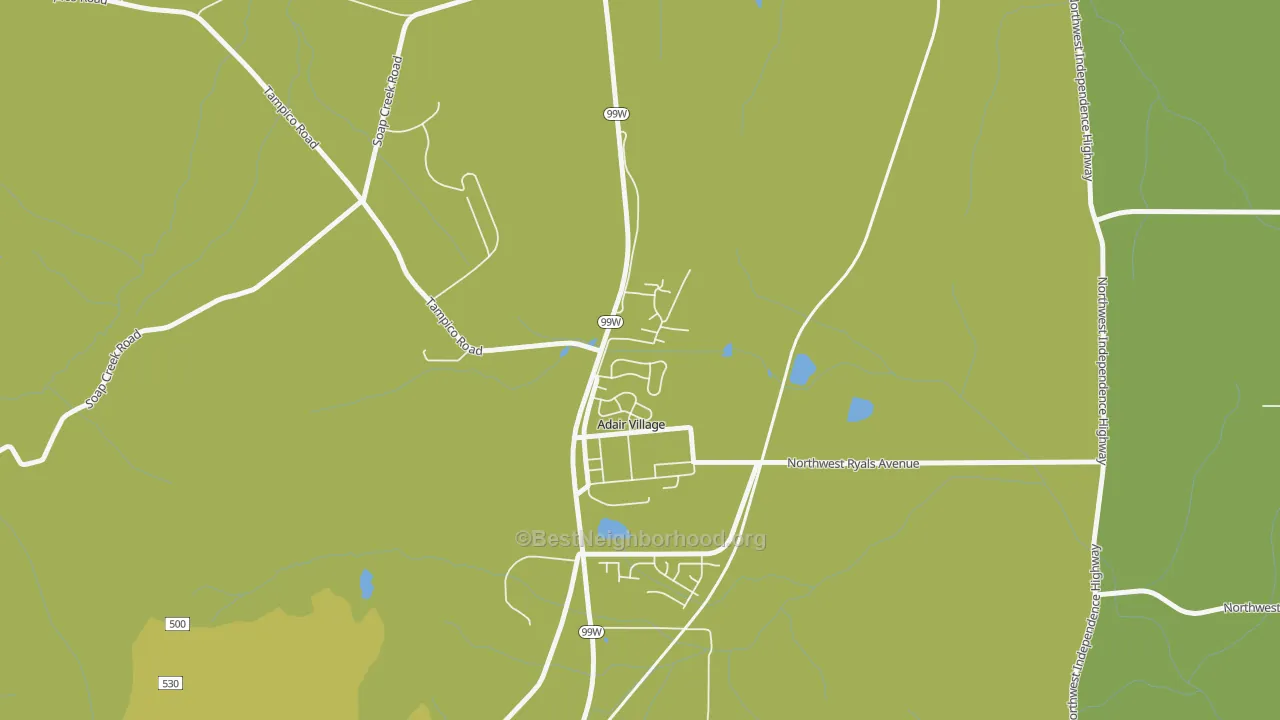 Map of the best neighborhoods in the Adair Village area, with better matches in green and worse matches in red