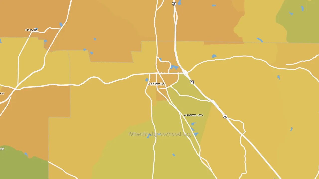 Map of the best neighborhoods in the Adairsville area, with better matches in green and worse matches in red