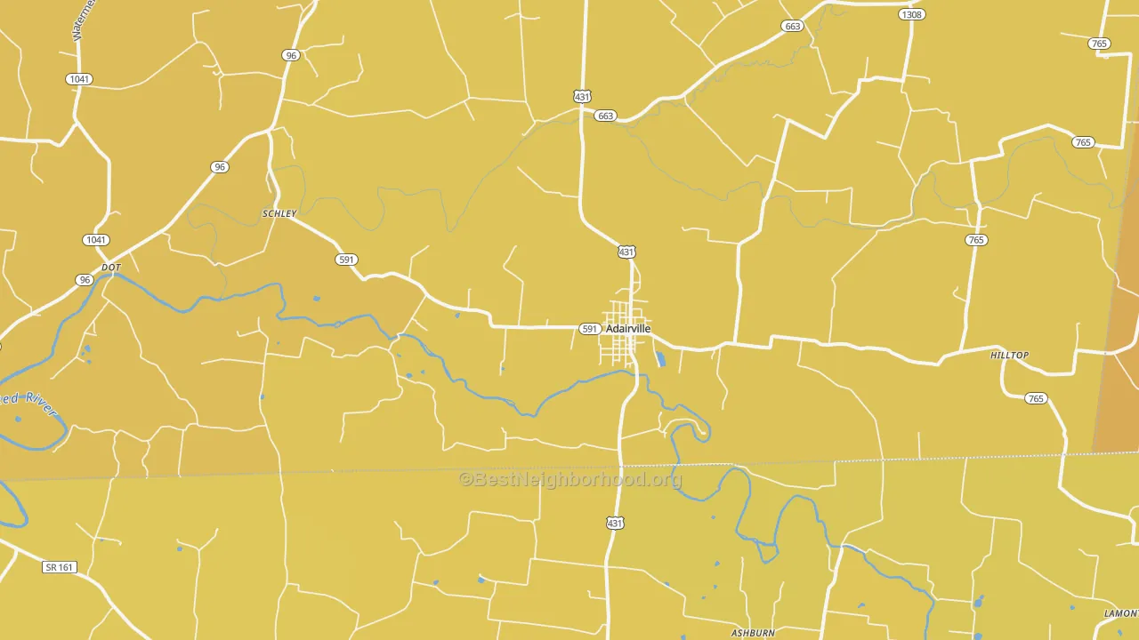 Map of the best neighborhoods in the Adairville area, with better matches in green and worse matches in red