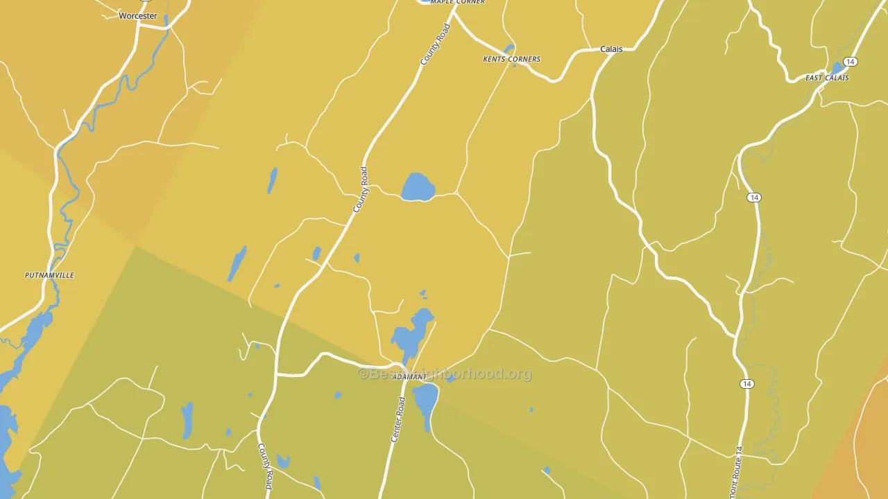 Map of the best neighborhoods in the Adamant area, with better matches in green and worse matches in red