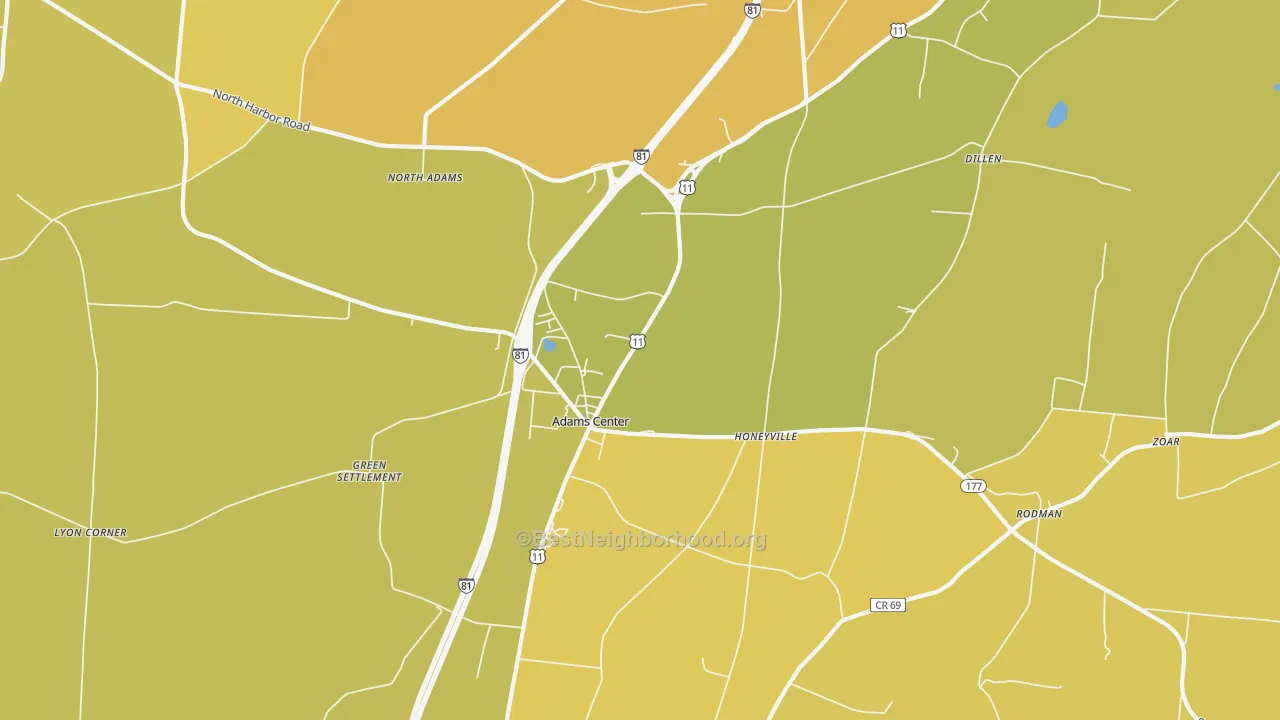 Map of the best neighborhoods in the Adams Center area, with better matches in green and worse matches in red