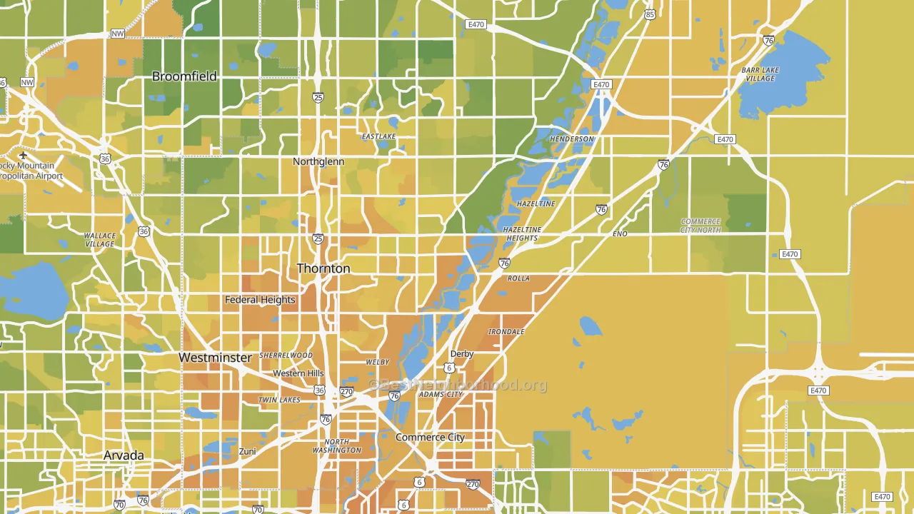 Map of the best neighborhoods in the Adams County area, with better matches in green and worse matches in red