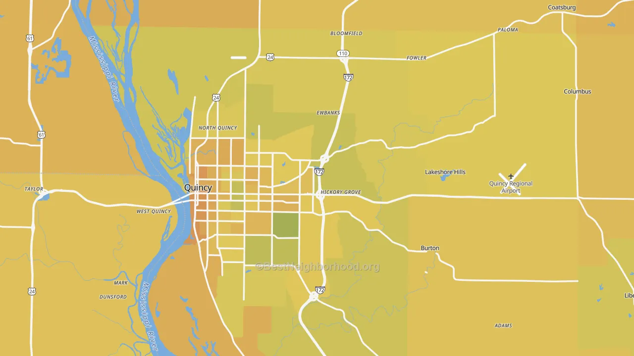 Map of the best neighborhoods in the Adams County area, with better matches in green and worse matches in red