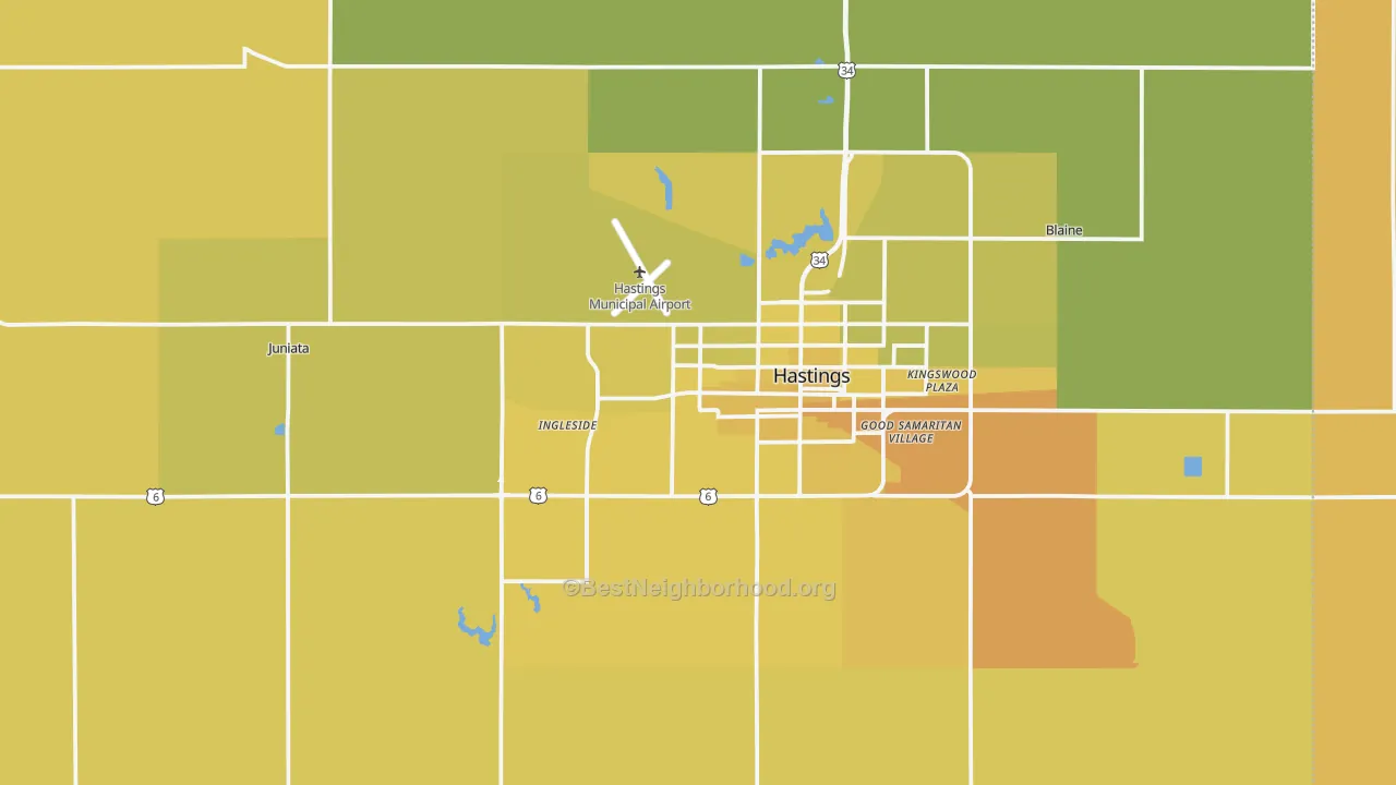 Map of the best neighborhoods in the Adams County area, with better matches in green and worse matches in red