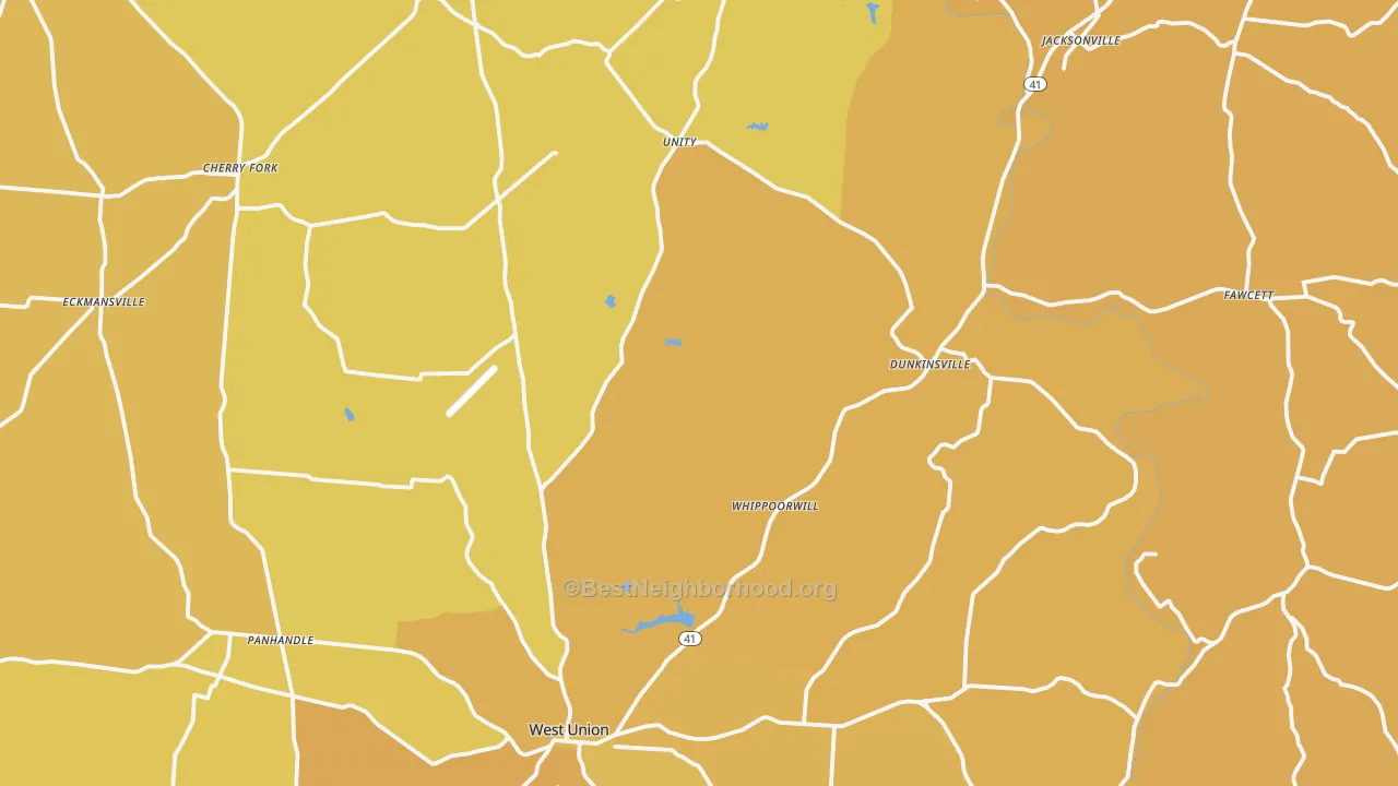 Map of the best neighborhoods in the Adams County area, with better matches in green and worse matches in red