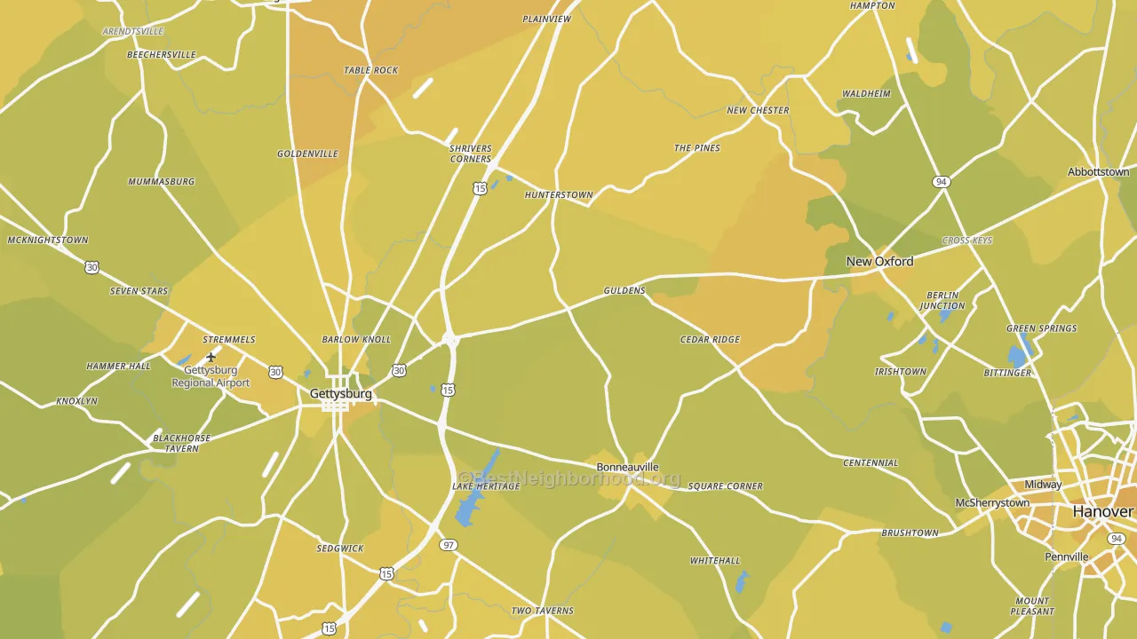 Map of the best neighborhoods in the Adams County area, with better matches in green and worse matches in red