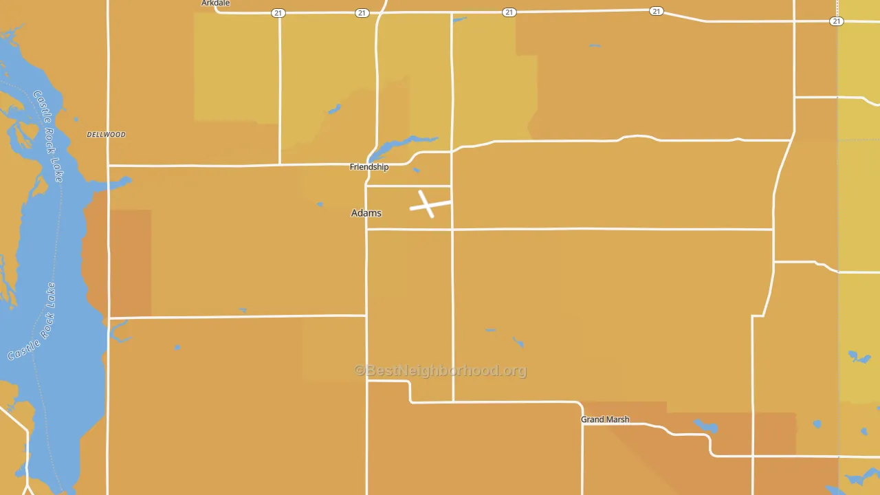Map of the best neighborhoods in the Adams County area, with better matches in green and worse matches in red