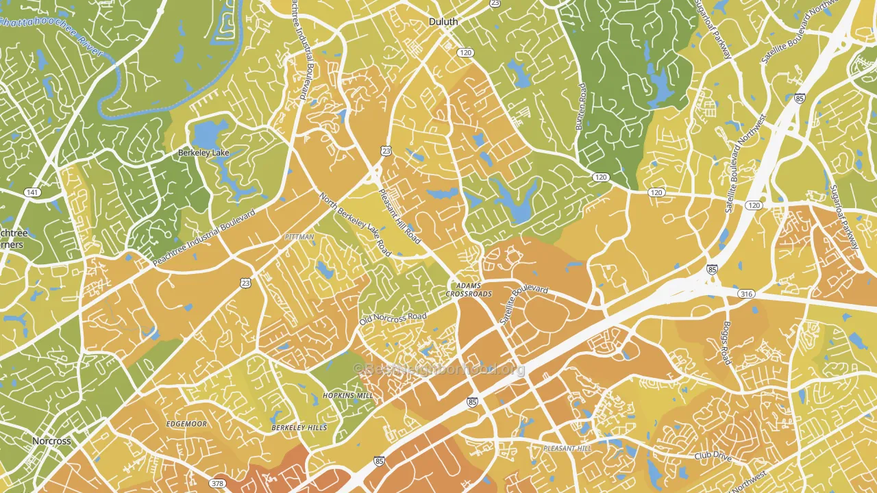Map of the best neighborhoods in the Adams Crossroads, Duluth area, with better matches in green and worse matches in red