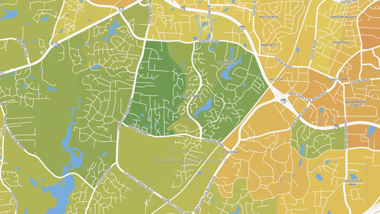 Map of the best neighborhoods in the Adams Farm, Greensboro area, with better matches in green and worse matches in red