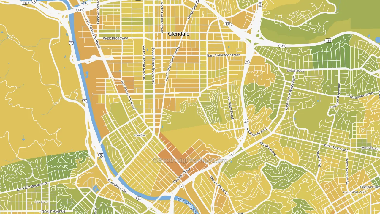 Map of the best neighborhoods in the Adams Hill, Glendale area, with better matches in green and worse matches in red