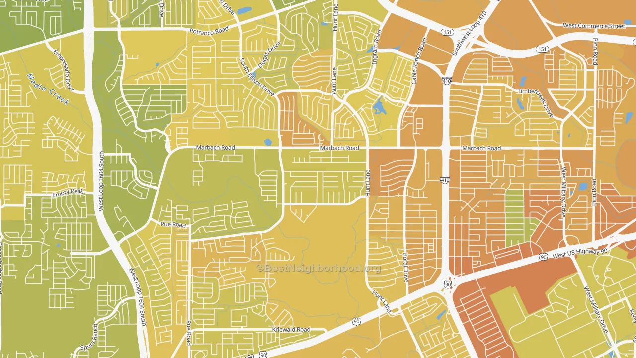 Map of the best neighborhoods in the Adams Hill, San Antonio area, with better matches in green and worse matches in red