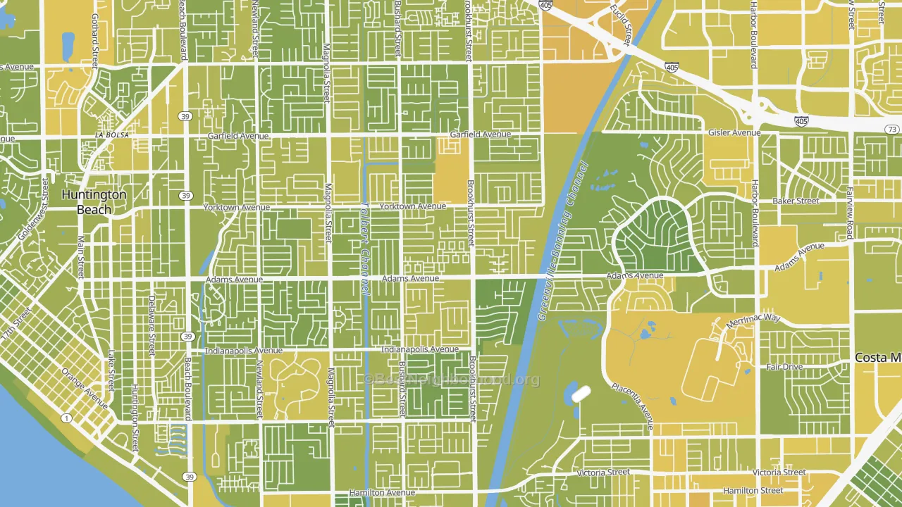 Map of the best neighborhoods in the Adams, Huntington Beach area, with better matches in green and worse matches in red