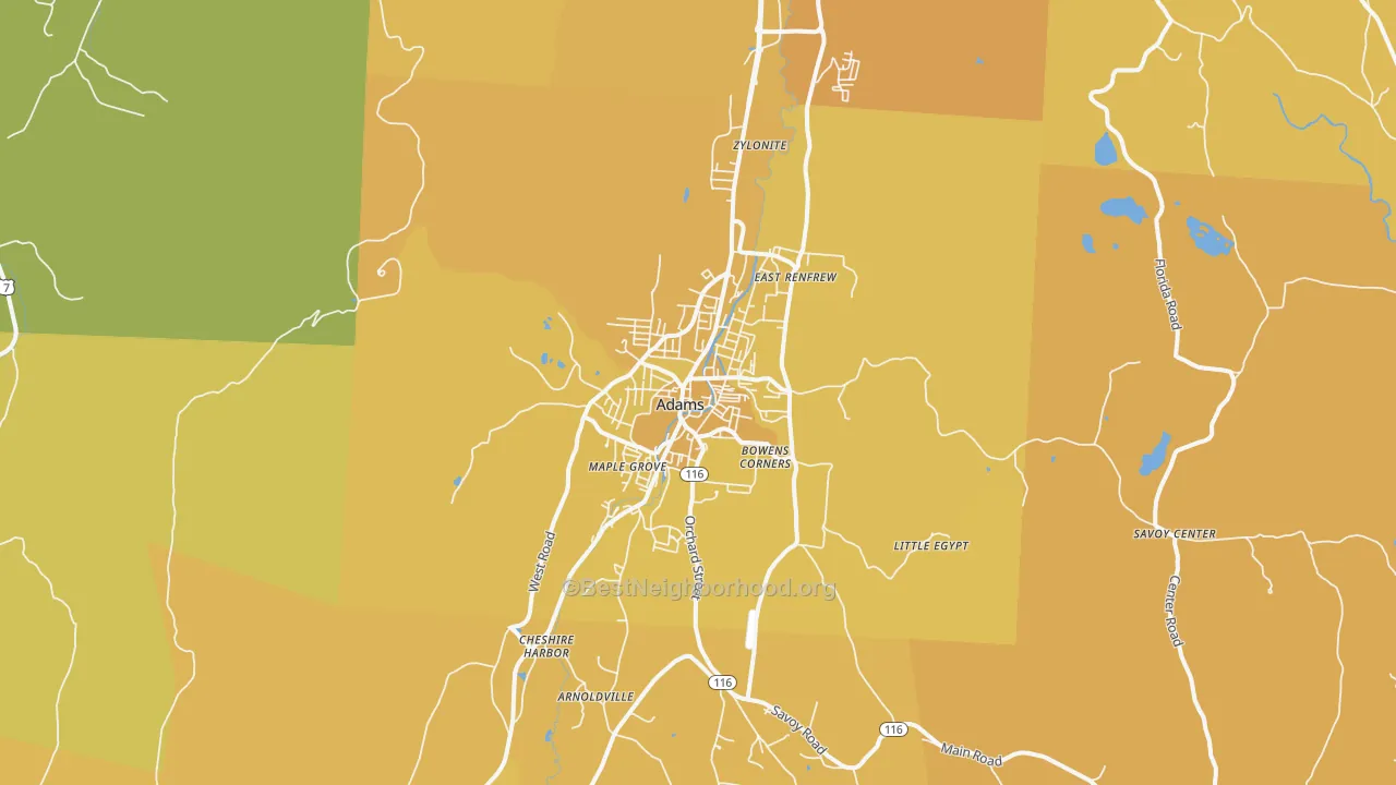 Map of the best neighborhoods in the Adams area, with better matches in green and worse matches in red