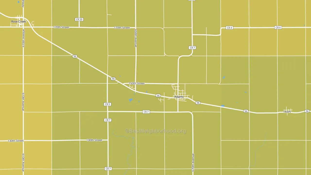 Map of the best neighborhoods in the Adams area, with better matches in green and worse matches in red