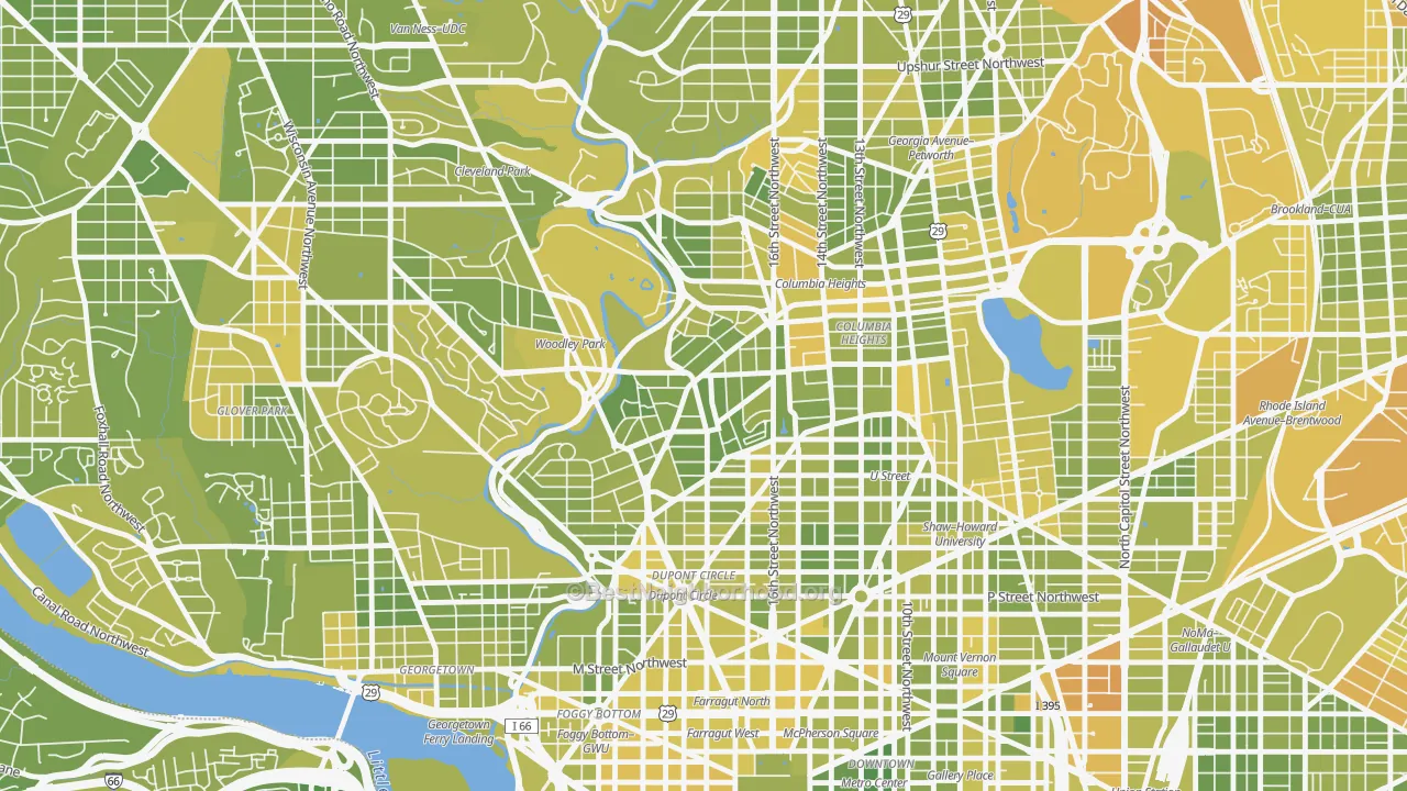 Map of the best neighborhoods in the Adams Morgan, Washington area, with better matches in green and worse matches in red