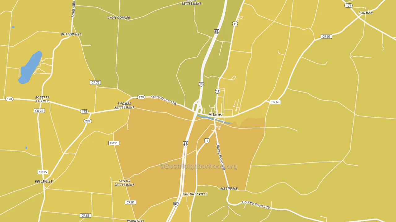 Map of the best neighborhoods in the Adams area, with better matches in green and worse matches in red