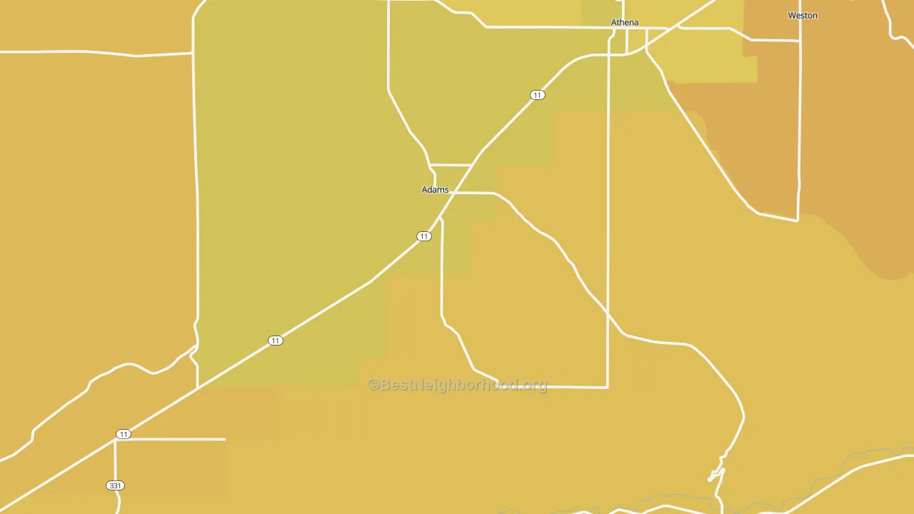 Map of the best neighborhoods in the Adams area, with better matches in green and worse matches in red
