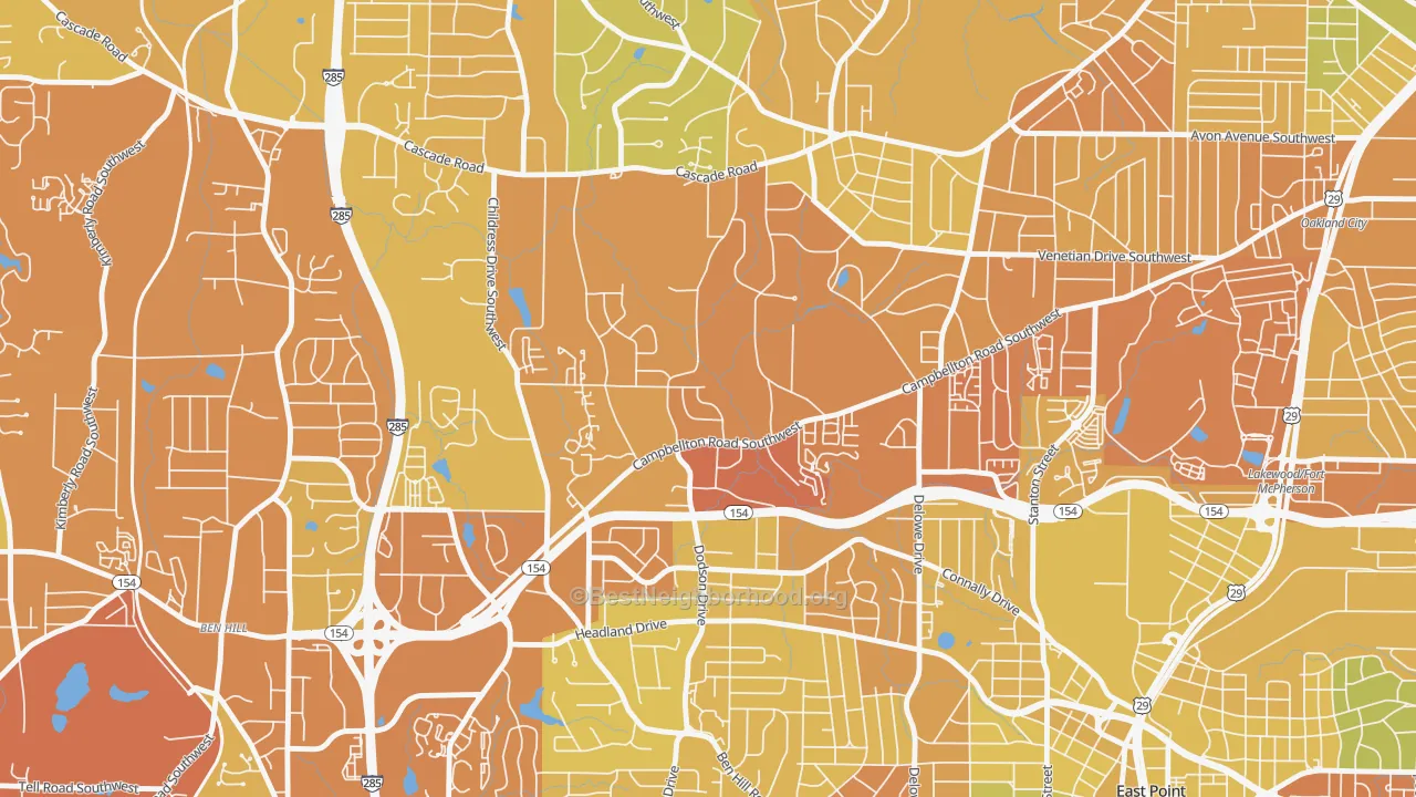 Map of the best neighborhoods in the Adams Park, Atlanta area, with better matches in green and worse matches in red