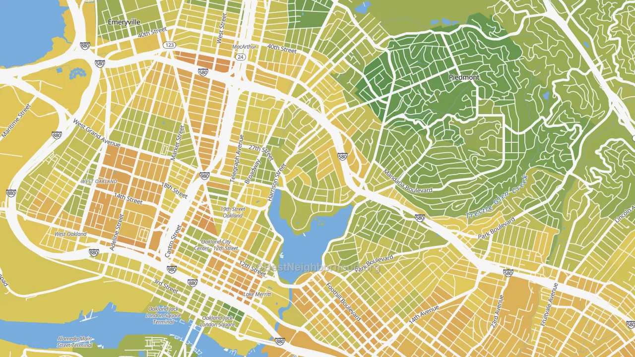 Map of the best neighborhoods in the Adams Point, Oakland area, with better matches in green and worse matches in red
