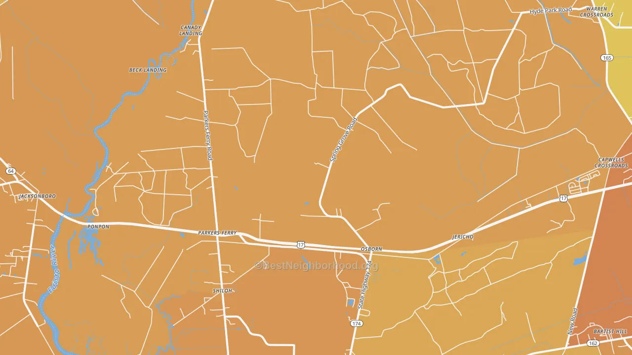 Map of the best neighborhoods in the Adams Run area, with better matches in green and worse matches in red