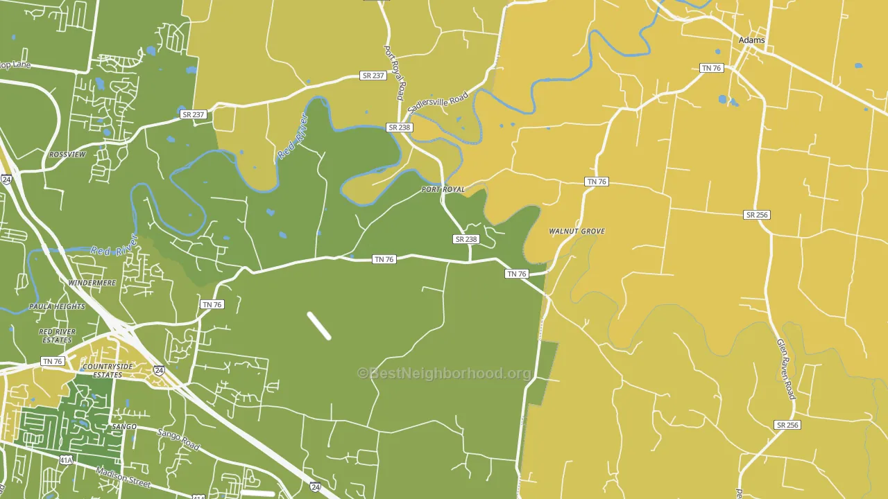 Map of the best neighborhoods in the Adams area, with better matches in green and worse matches in red