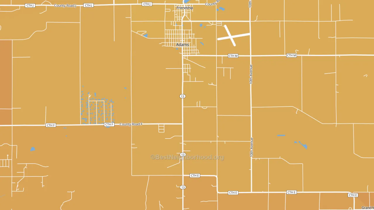 Map of the best neighborhoods in the Adams area, with better matches in green and worse matches in red