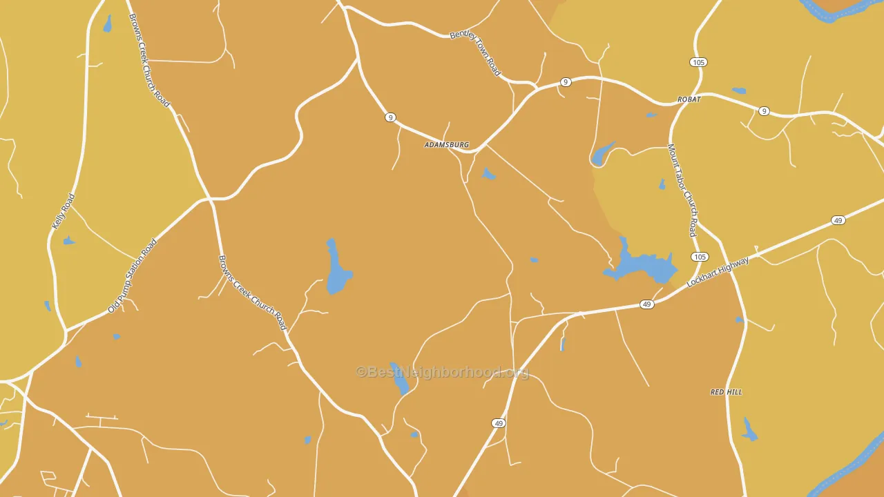 Map of the best neighborhoods in the Adamsburg area, with better matches in green and worse matches in red