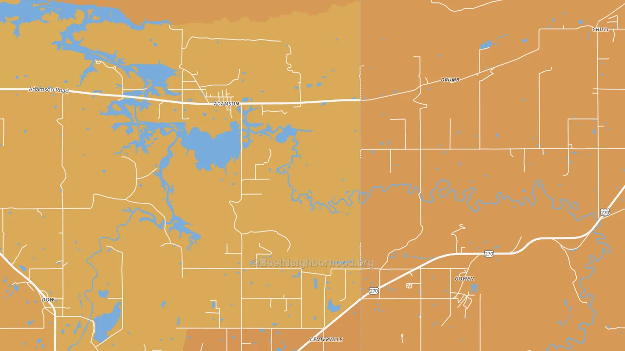 Map of the best neighborhoods in the Adamson area, with better matches in green and worse matches in red