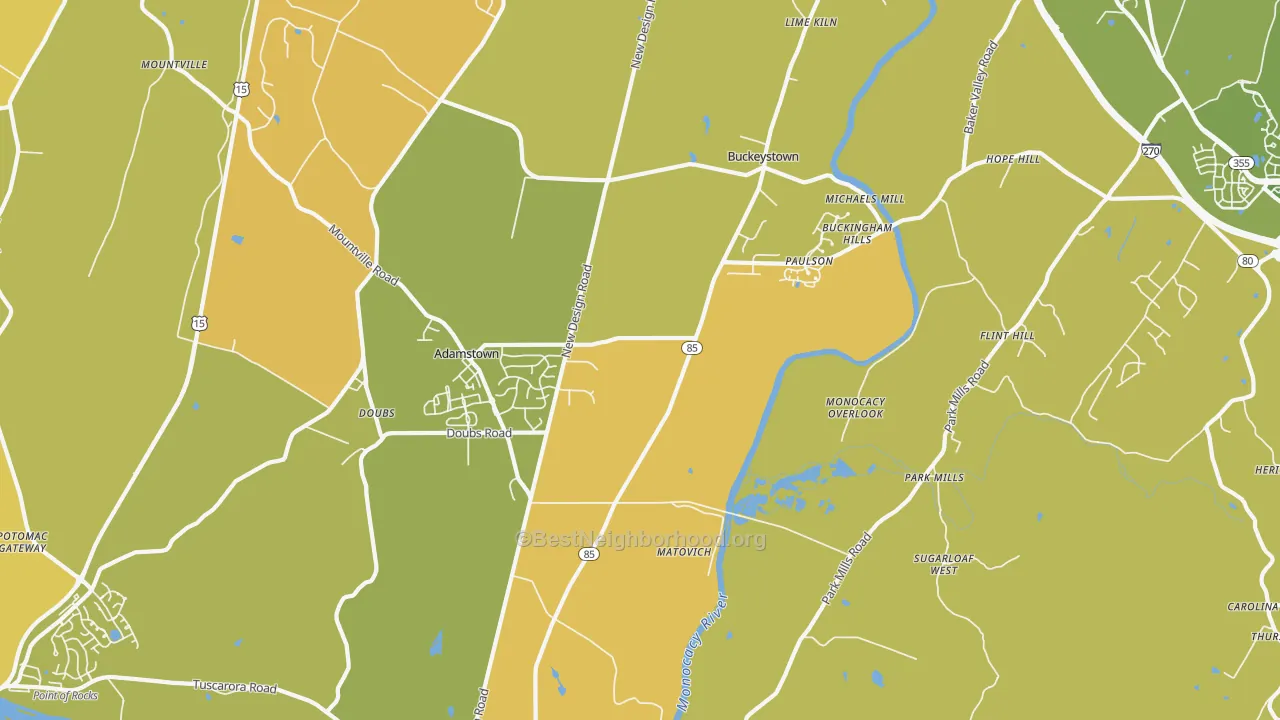 Map of the best neighborhoods in the Adamstown area, with better matches in green and worse matches in red
