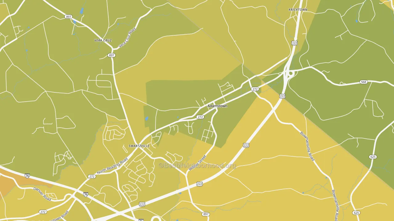 Map of the best neighborhoods in the Adamstown area, with better matches in green and worse matches in red