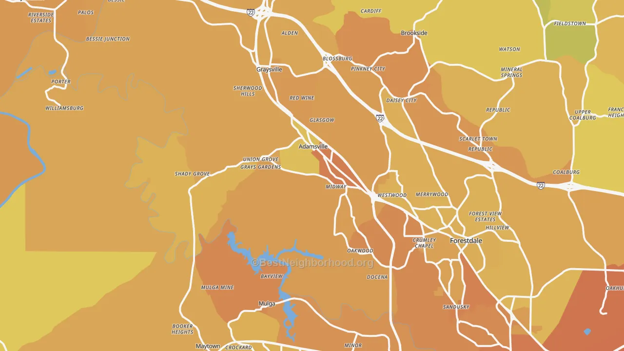 Map of the best neighborhoods in the Adamsville area, with better matches in green and worse matches in red